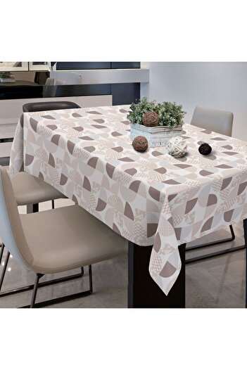 OEM Semicircles White Beige Laminated Tablecloth 180x140cm