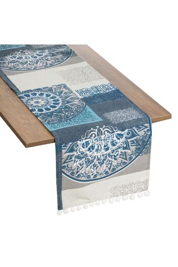 OEM Blue Summer Decorative Placemat with Mandala Pattern & White Pompom 160x31cm