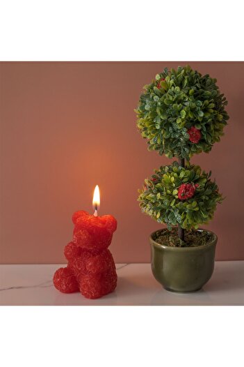 OEM Red Candle Teddy Bear with 3D Roses 4x5x6cm