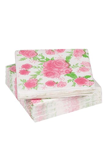 OEM White Table Napkins Pink Roses 33x33cm - 25pcs