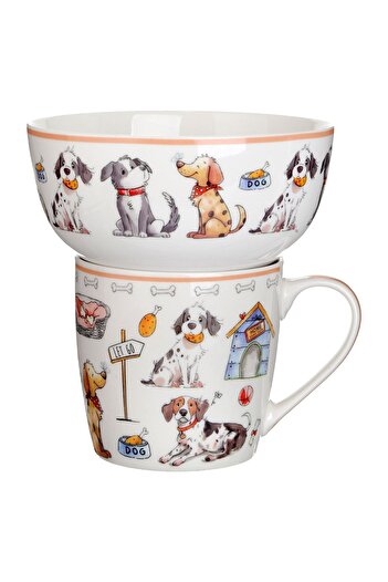 OEM Ceramic Mug & White Bowl Set with Dog Pattern - 2pcs