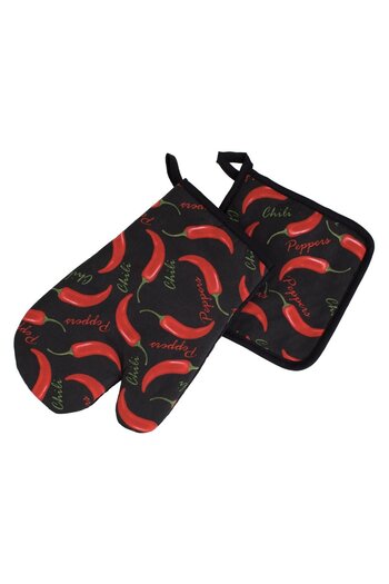 OEM Black Kitchen Mitt & Napkin Set with Chilli Pattern - 2pcs