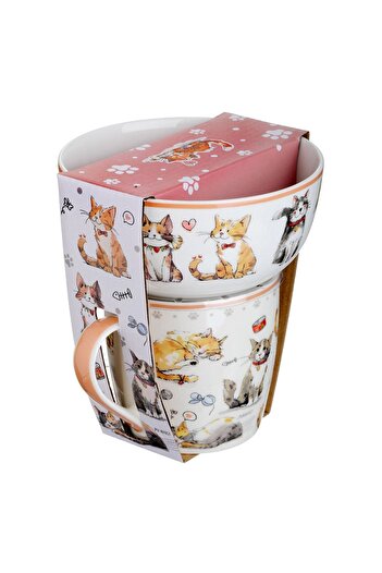 OEM Ceramic Cup & White Bowl Set with Cat Pattern - 2pcs