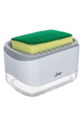 OEM White Gray Plastic Dispenser for Liquid Detergent with Kitchen Sponge Holder & Sponge 14x10x8cm