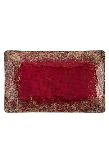OEM Decorative Christmas Glass Plate Rectangular Red with Gold Glitter 41x25.5x3.5cm