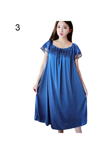 Generic Women Summer Loose Dress Nightdress Solid Colour Sleepwear Nightwear Dark Blue