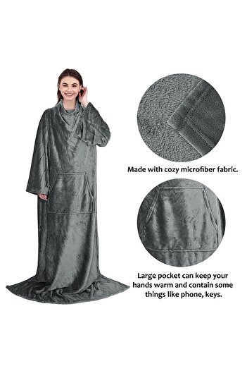 zola Blanket with sleeves, pockets, unisex, soft and comfortable, 180 x 210 cm, grey