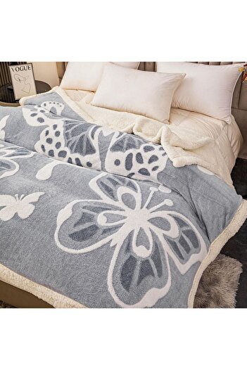 JOJO HOME 3D butterfly blanket, with fur, cocolino, 200x230cm, Light Grey