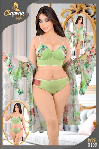 TREN Feminine 3PC Intimate Apparel Set Chiffon Dressing Gown Lace Trim Underwear Bridal Sleepwear