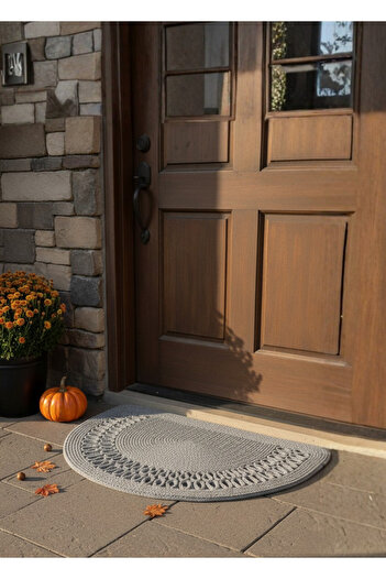 HomeTurko Homeaura Natural Jute Door Mat Half Hand-Knitted Wicker Front Door Bathroom Kitchen Balcony Rug