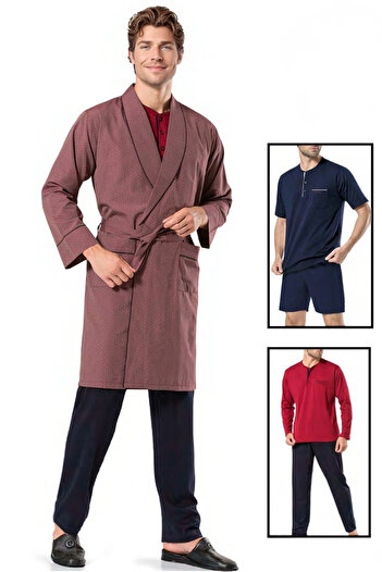 Pierre Cardin Men's Wide Fit Shawl Collar Claret Red Groom Pajama Set 5 Piece Dowry Set