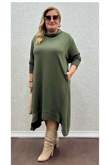 KLEERMAKER Women's Plus Size Khaki Crystal Fabric Shawl Collar Asymmetrical Cut Dress Tunic