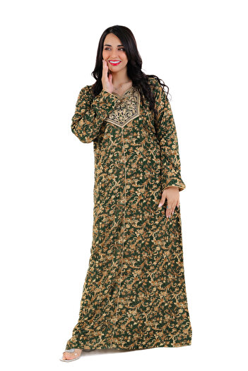 amaan Women's Luxury Long-Sleeve Cotton Jalabiya Gold Embroidered Modest Dress for Festive & Home Wear