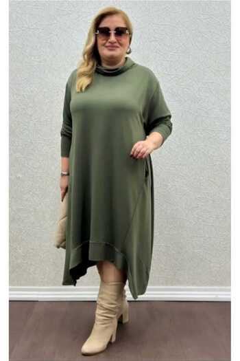 KLEERMAKER Women's Plus Size Khaki Crystal Fabric Shawl Collar Asymmetrical Cut Dress Tunic