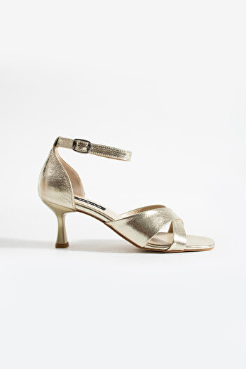 es exello Baver Short Heeled Cross Strap Genuine Leather Gold Shoes