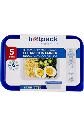 Hotpack Heavy Duty Clear Microwave Container 1000ml with Multicolour Lids, 5 Sets