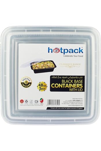 Hotpack Disposable Microwaveable Rectangular Black Base, Meal Prep Container with Clear Lid. (5, Bla