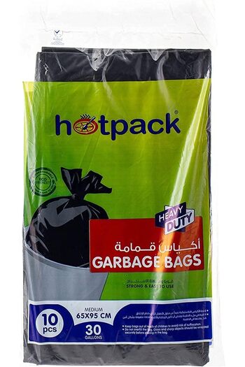 Hotpack Disposable Plastic Heavy Duty Strong & Biodegradable Black Garbage Bags 65x95cm, 10 Pieces
