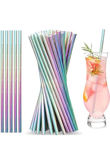 Generic Excefore 200 Pcs Iridescent Paper Straws Drinking Disposable Straws Multicoloured Straws Birthday P