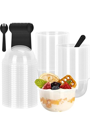 Generic ChicAbode 50 Sets Clear Plastic Dessert Cups with Dome Lids and Sporks, No Hole Disposable Round Cu