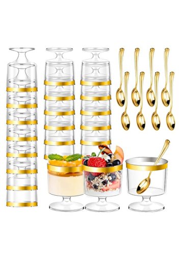 Generic PFUTURE 20 Pcs 5oz Dessert Goblets with Gold Spoons - Clear Plastic Parfait Cups for Appetizers & P