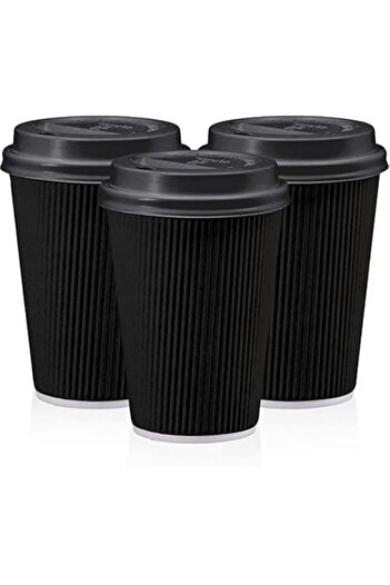 Generic MARKQ [25 Sets] 12 oz. Black Disposable Coffee Cups with Lids - Triple Wall Ripple Paper Cups for H