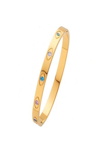 THK Bangle Bracelet 5mm, THK, Zirconia Stones, 17 cm, 18K Gold Plated, Unisex, Peacock Eye