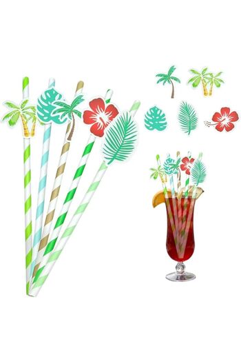 Generic NimbusNote 100 Pcs Coconut Tree Drinking Straws, Disposable Paper Fancy Cocktail Straws, Hawaii Par