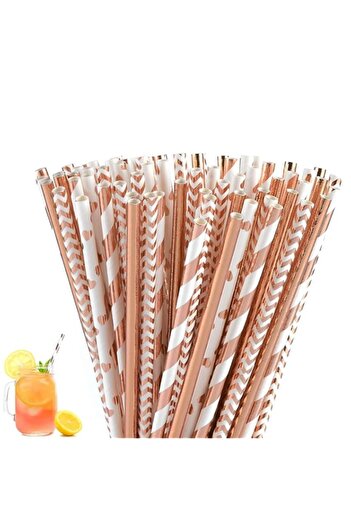 Generic Azonee Biodegradable Rose Gold Paper Straws Bulk, Metallic Foil Striped/Wave/Heart Straws for Birth