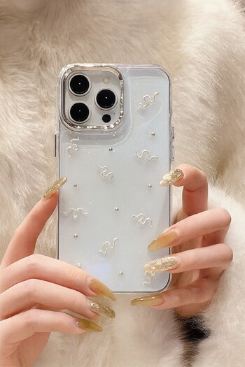 MustCase iPhone 14 Plus - 15 Plus Case Snake Pattern Glitter Transparent Case Silver Camera Protruding Shiny Cover