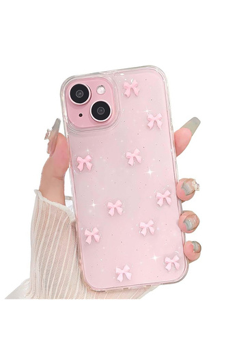 MustCase iPhone 14 Plus - 15 Plus Case Pink Bow Pattern Glitter Transparent Case Silver Camera Protruding Cover