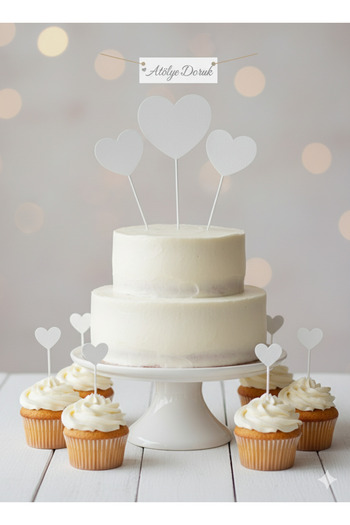 Atolye Doruk White Heart Cake Decoration Set-Heart Cupcake Picks-White Heart Cake Topper Birthday, Baby Shower,