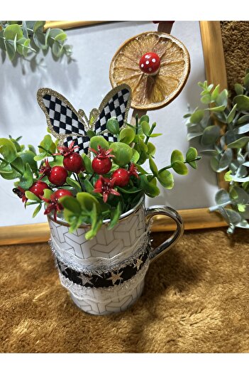Marrone Christmas Themed Decorative Mug Flower Pot – Ornament with Artificial Flowers Featuring Mug & Butterfly Details”