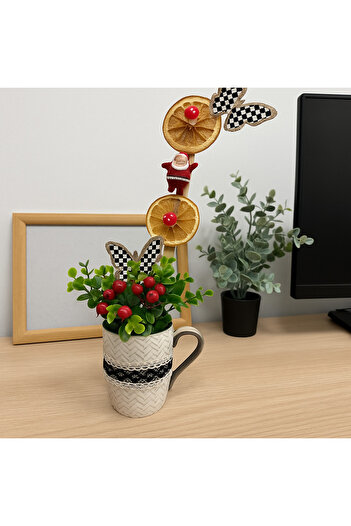 Marrone Christmas Themed Decorative Mug Flower Pot – Ornament with Artificial Flowers Featuring Mug & Butterfly Details”