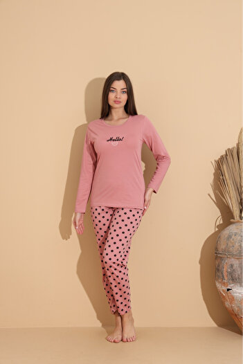 embody Women's Comfortable Cotton Pyjamas, Set with Blouse and Long Pants, pink 1010