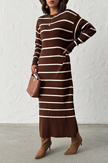 Lusin Women's Brown Striped Long Sleeve Knit Dress (New Color)