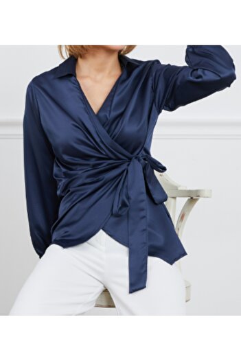 ZY BUTİK Navy Blue Double Breasted Collar Waist-Tied Satin Shirt