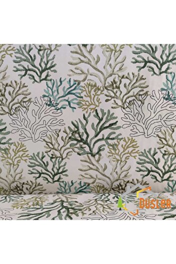 DÜŞLER EV TEKSTİLİ Green Coral Patterned Water and Stain Repellent Panama Linen Small-Scale Premier Duck Fabric Cloth 100X180