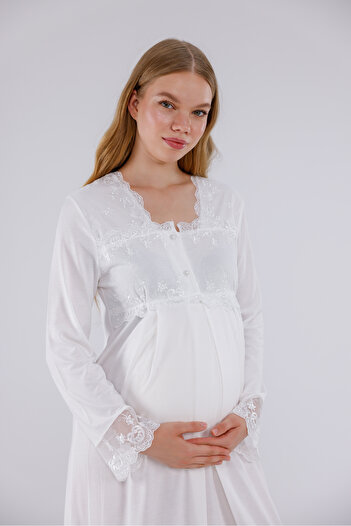 Yulem Homewear Ecru Special Lace Long Sleeve Cotton Maternity Nightgown with Nursing Feature