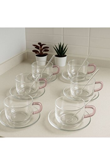 Qerhome 6-Piece Sof Elegance Tea and Coffee Cup with Borosilicate Glass Plate and Spoon 330 ml