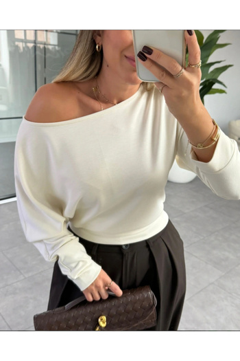 BE CHİC Women's Boat Neck Open Shoulder Waist-Adjustable Premium Modal Fabric Solid Basic Casual Bluse