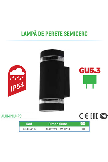 Klaus Semi-Round Wall Lamp Black Ip54 2XGu5.3 Alu.+Pc 100*95*230Mm, KE46416 (10)