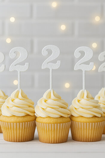 Atolye Doruk 20 Pcs White Number 2 Cupcake Picks - 2 Year Old Birthday Cake Decoration Supplies