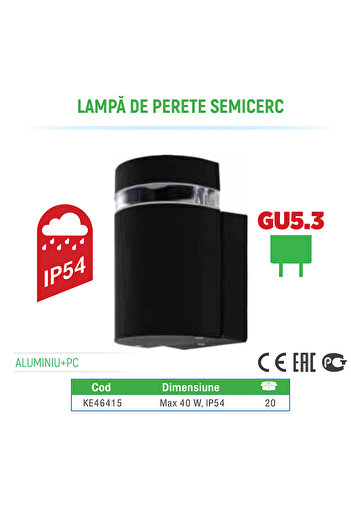 Klaus Semi-Round Wall Lamp Black Ip54 1XGu5.3 Alu.+Pc 100*95*160Mm, KE46415 (20)