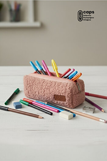 caps office Fur Textured Plush Pencil Case – Single Compartment, Zippered, Soft Texture Pen Holder