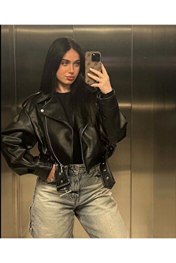 PRİFALDİ Faux Leather Crop Biker Jacket