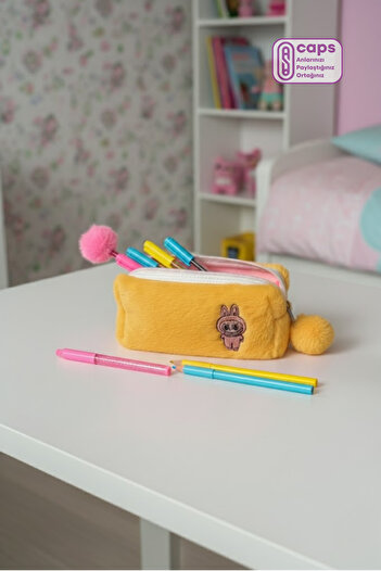 caps office Labubu Embroidered Large Plush Pencil Case – Single Compartment, Zippered, Fluffy Pen Holder