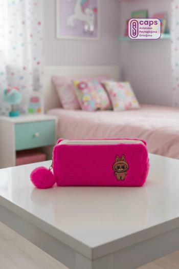 caps office Labubu Embroidered Large Plush Pencil Case – Single Compartment, Zippered, Fluffy Pen Holder