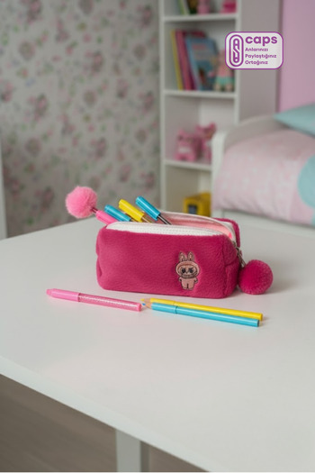 caps office Labubu Embroidered Large Plush Pencil Case – Single Compartment, Zippered, Fluffy Pen Holder
