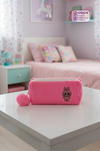 caps office Labubu Embroidered Large Plush Pencil Case – Single Compartment, Zippered, Fluffy Pen Holder